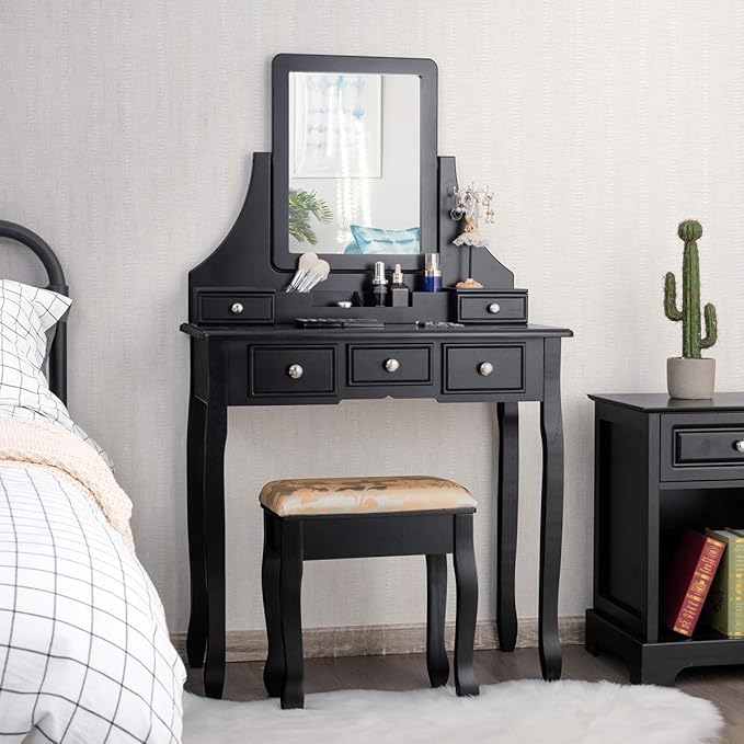 CHARMAID Makeup Vanity Set with Mirror and Cushioned Stool, Dressing Table with 5 Drawers and Removable Storage Organizers, Bedroom Makeup Table with Stool for Women Girls (Black)