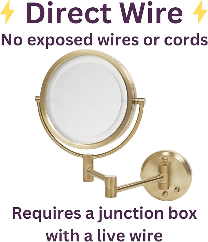 JERDON Wall-Mounted Makeup Mirror with Lights - Direct-Wired Lighted Makeup Mirror with 8X Magnification & Gold Finish - Model HL88BGLD