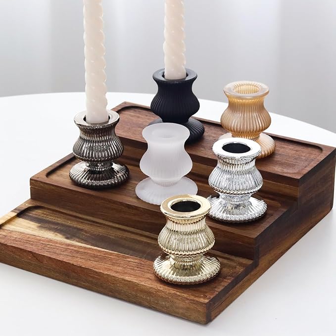 WDHODEC Black Gold Candlestick Holders 12PCS Glass Taper Candle Holders for Table Centerpiece Colorful Candle Sticks for Modern Wedding, Party and Festival Decoration