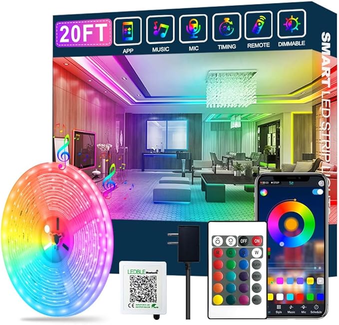 Led Strip Lights,20ft Led Light Strips Music Sync Color Changing RGB Led Strip Built-in Mic,Bluetooth App Control LED Rope Lights with Remote,5050 RGB Led Lights for Bedroom,Home,TV,Party,Christmas