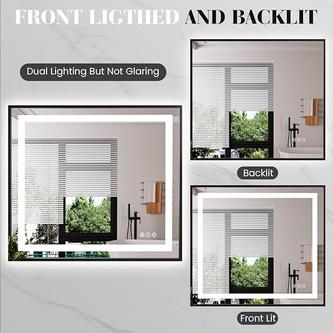 LED Bathroom Mirror,40"x36" Mirror with Black Frame, Front Light and Backlit, Stepless Dimmable, Anti-Fog, Shatter-Proof, Memory, 3 Colors, Double LED Vanity Mirror