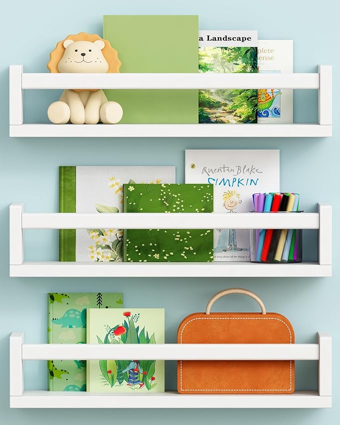 White Nursery Floating Book Shelves for Wall Set of 3, Kids Wall Shelves for Baby Room Bedroom, Modern Hanging Bookshelf for Baby Toddler Children Girls Boys Decor and Toys Books Storage