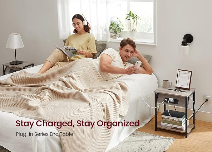 VASAGLE End Table with Charging Station, Set of 2, Small Side Tables for Living Room, Bedroom, Nightstand with Outlets and USB Ports, Bedside Table with Storage Shelf, Heather Greige and Black