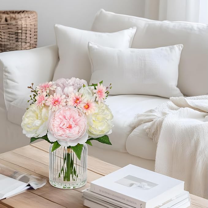 DILATATA Artificial Flowers in Vase Pink Silk Peony & Daisy Faux Floral Arrangements for Table Centerpieces, Home Office Kitchen Bathroom Decor, Spring Fake Flower Arrangement