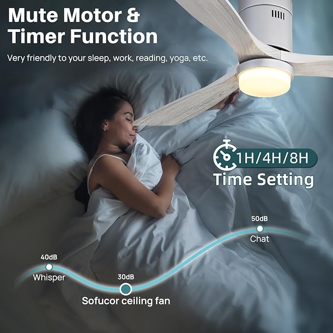Sofucor 52 Inch Smart Ceiling Fans with Lights-Flush Mount Low Profile Modern Outdoor Solid Wood Ceiling Fans with Alexa/Google Assistant/APP/Remote Control for Bedroom/Farmhouse/Patio, Silver Grey