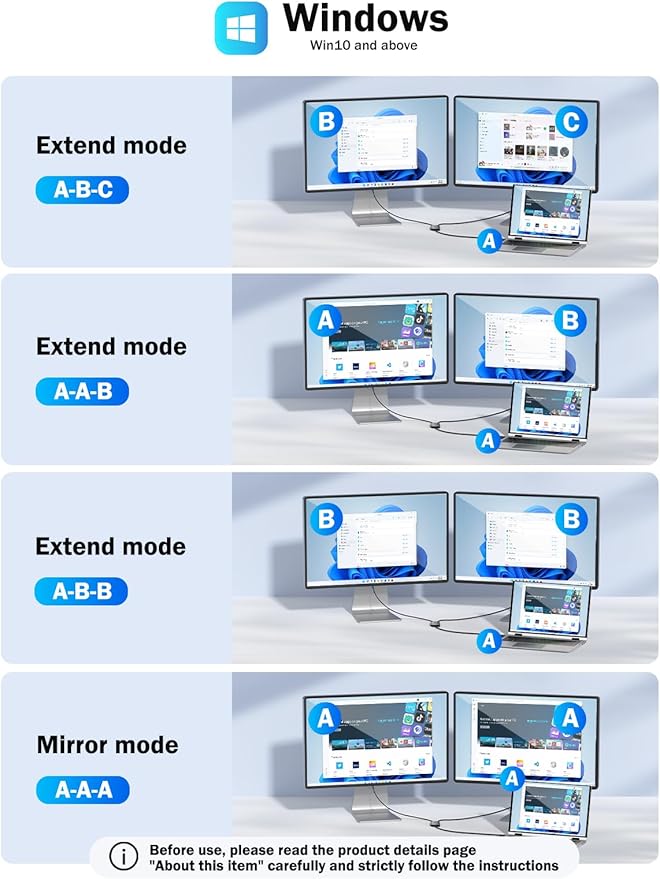 Lemorele USB A & USB C to Dual HDMI Adapter for Mac, Triple Display Adapter with MST, 2 Monitor Extended Display for M-Series, 1080P@60Hz, Compatible with macOS & Windows Driver Installation Required