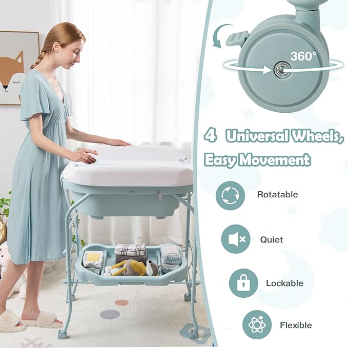 HONEY JOY Baby Changing Table with Bathtub, Foldable Infant Diaper Changing Station with Wheels, Storage Tray, Waterproof Pad, Portable Newborn Nursery Organizer Bath Stand for Boys Girls (Blue)