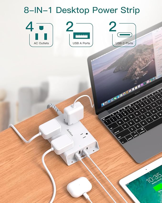 Surge Protector Power Strip 10 ft, Addtam Flat Plug Extension Cord with 4 USB Wall Charger(2 USB C Port), 4 Widely Outlets Desk Charging Station, Home Office and College Dorm Room Essentials