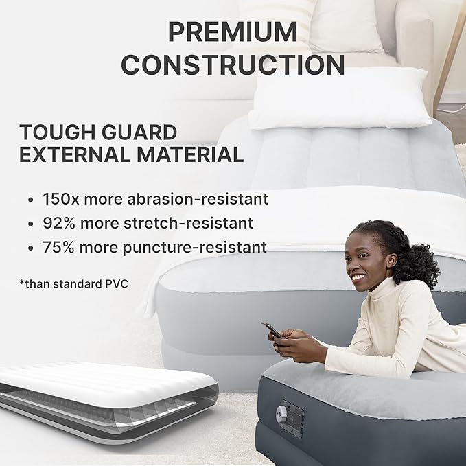 SleepLux Twin Air Mattress Supersoft Snugable Top Extra Durable Tough Guard with Built-in Pillow Raised 15" Airbed with Built in Pump + USB Charger Twin 15", Small, Grey