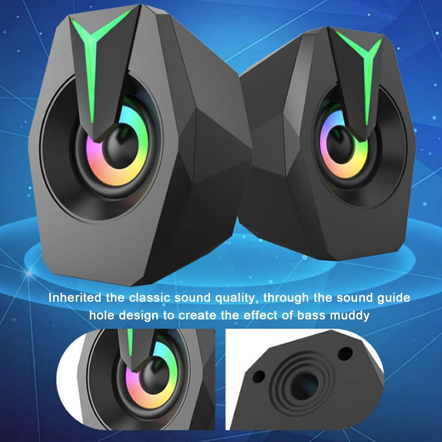 Yunseity USB Powered Speaker, HiFi Stereo Sound, Wired USB Desktop Speaker with RGB Lights (Black)
