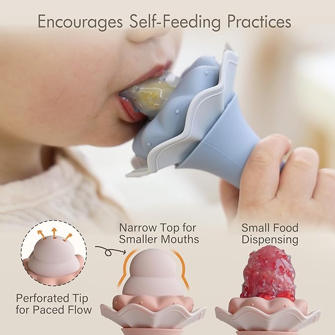 Moonkie Baby Fruit Feeder, BPA Free Silicone Food Feeder for Infant Self Feeding, Mesh Feeder with Two Pouches, Baby Shower Gifts 4 Months+, 2 Pack