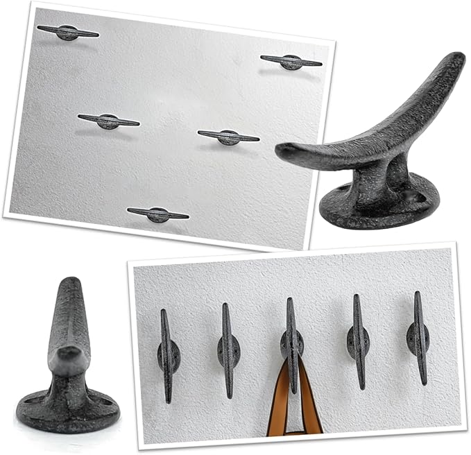 5 Pack Decorative Cast Iron Heavy Duty Double Hooks, Wall Mounted Coat Hooks, Vintage Inspired (Antique Black) (Mooring Type)