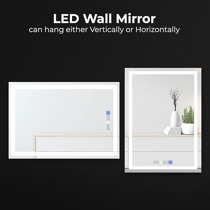 Fab Glass and Mirror LED Mirror 28x36 Inches, Led Bathroom Mirror with Lights Front and Backlit Anti-Fog Memory Brightness, Three Color Options Frameless Wall Mounted Bathroom Vanity Mirror