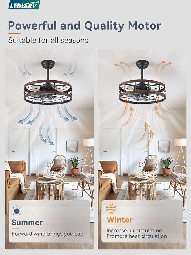 LEDIARY 20 inch Fandelier Caged Ceiling Fan with Light, Bladeless Ceiling Fan with Remote, Farmhouse Fan Lights Ceiling Fixtures for Kitchen, Bedroom, Outdoor(6 Speed, Timing) - Walnut