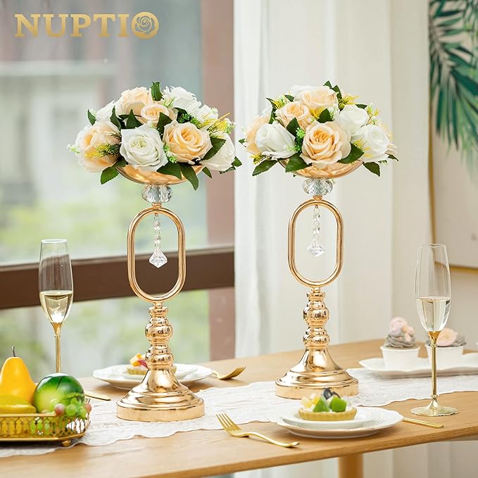 NUPTIO 6 Pieces Champagne White Fake Flower Ball Arrangement Bouquet 15 Heads Plastic Roses with Base, Suitable for Wedding Centerpiece Flower Rack for Parties Home Décor