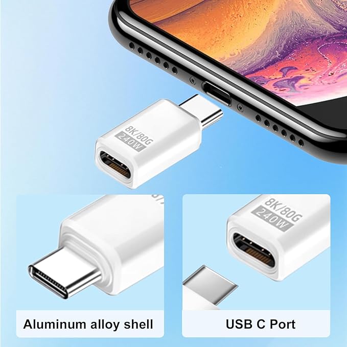 Danfetsoy 80Gbps USB C Extender Adapter, 240W USB Type C Extension Adapter, White Type C Male to Female Extender Thunderbolt 5 Connector 8K@60Hz Video for MacBook, Laptop, Tablet (2pack)