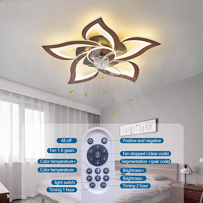 Ceiling Fan with Lights Remote Control, Wooden Geometric Color 6 Speeds Low Profile Flush Mount Ceiling Fan with Light for Kitchen Bedroom Living Room
