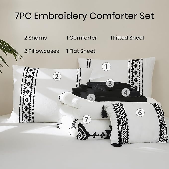 MaiRêve Embroidery Boho Comforter Sets Full Size - 7 Piece, Farmhouse Western White Black Comforter Set, All Season Bed in A Bag Full Size with Sheets, Pillowcases & Shams