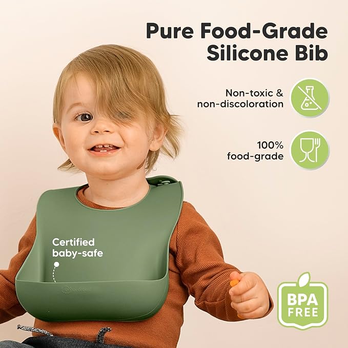 KeaBabies 2-Pack Silicone Baby Bibs for Eating - Sturdy Food-Grade Silicone Bibs for Babies Girl, Boy, Large Food Catcher, Clean & Put On Easily, Waterproof Toddler Feeding Essentials (Slate)