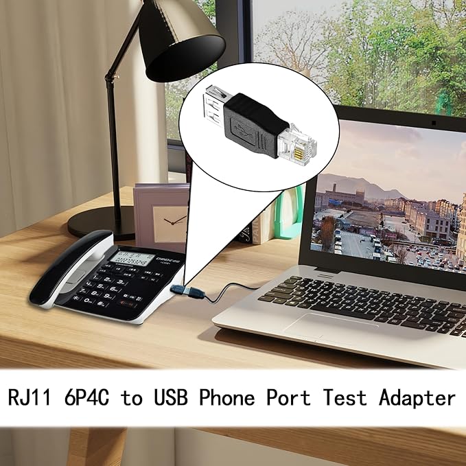 RJ11 to USB Telephone line Adapter, Telephone line fax Machine Modem Test Connector 6P4C Male to USB Female Port Adapter（2Pack