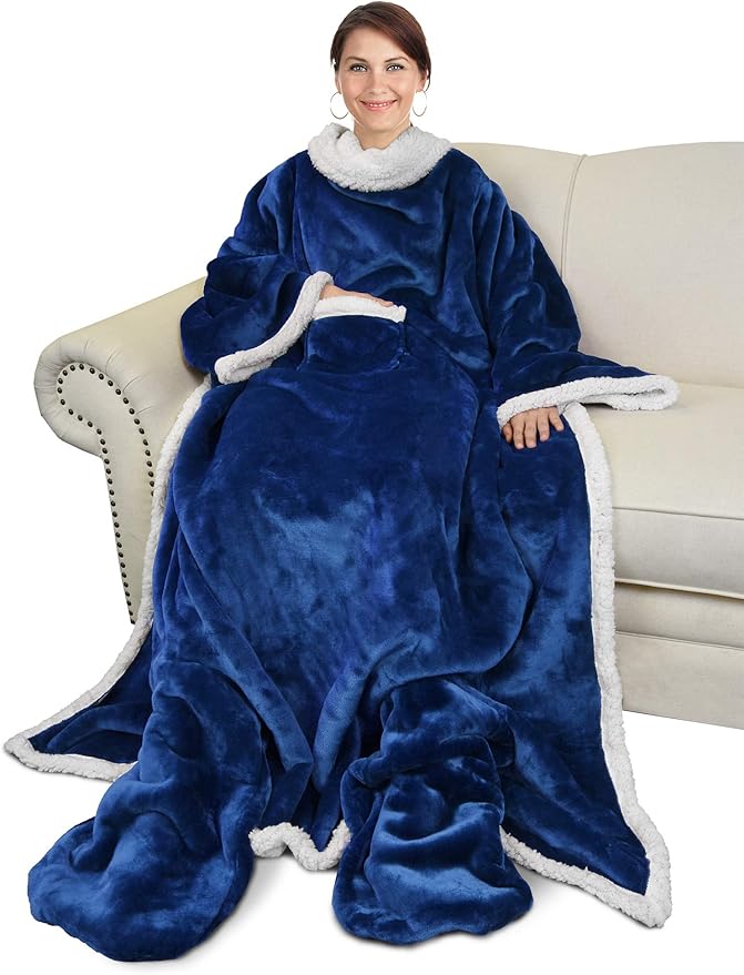Catalonia Sherpa Wearable Blanket with Sleeves & Foot Pockets for Adult Women Men, Comfy Snuggly Wrap Sleeved Throw Blanket Robe, Gift Idea, Blue