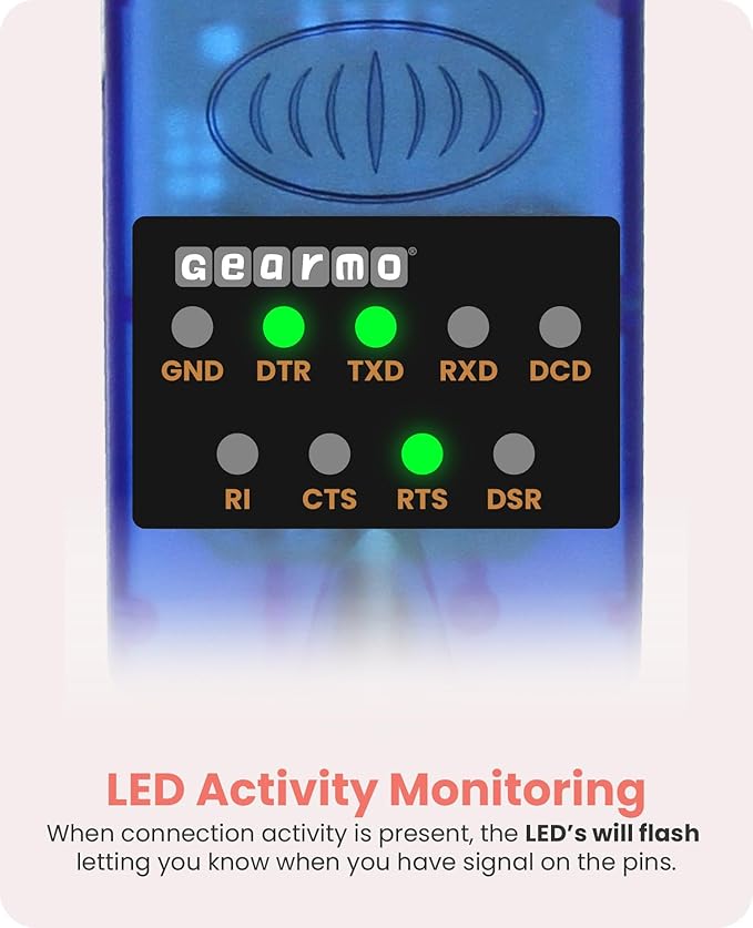 Gearmo USB 2.0 to RS-232 Serial Adapter - 16in. Cable, LED Indicators, FTDI Chip, Plug & Play - Use Legacy Serial Devices with Modern USB Systems