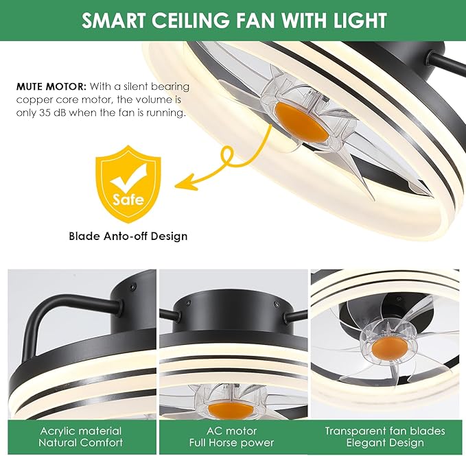 Ceiling Fans with Lights and Remote - Flush Mount Low Profile Ceiling Fans - 13” Bladeless Enclosed Ceiling Fans with Led Light and Stepless Dimming, Small Modern Ceiling Fan for Bedroom