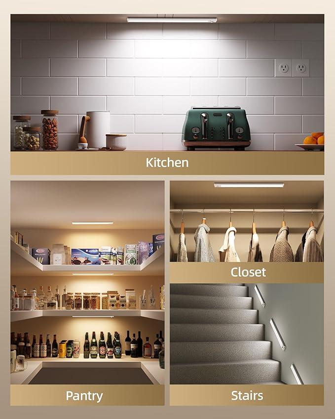Under Cabinet Lighting Wireless,Rechargeable Battery Motion Sensor Light Indoor,LED Closet Lights USB Charging,3 Color Dimmable Under Cabinet Lights for Kitchen, Cabinet, Wardrobe (3 Pcs) 8inch