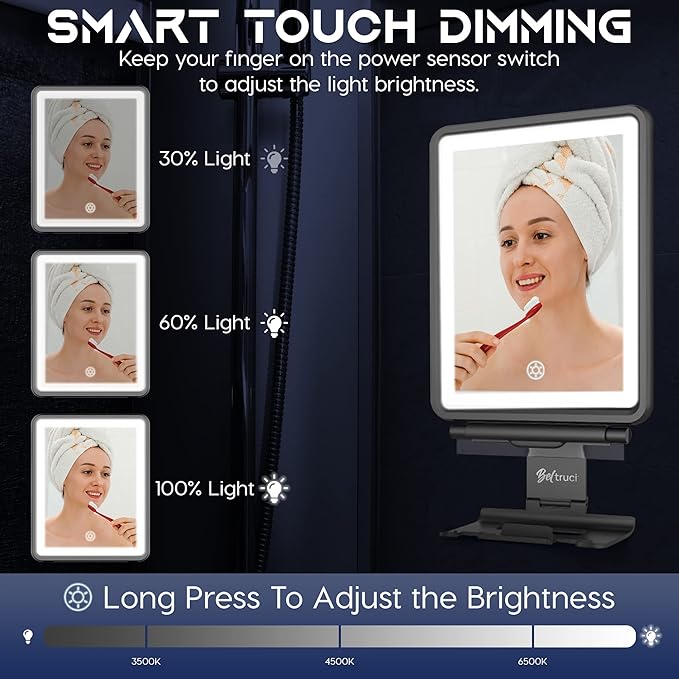Vanity Mirror with Lights | Fogless Shower Mirror | 3 Light Lightweight Shaving Mirror with A Squeegee | Rust-Proof LED Wall Mirror | Storage Shelf for Bathroom Accessories (Black)
