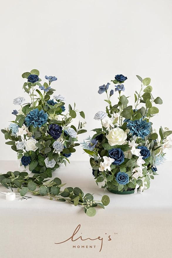 Ling's Moment 41" Tall Free Standing Artificial Flowers Arrangements 2 pcs Wedding Arch Altar Stage Decorations Dusty Blue Navy for Ceremony Reception Silk Rose Fake Floral Party Outdoor Beach Decor