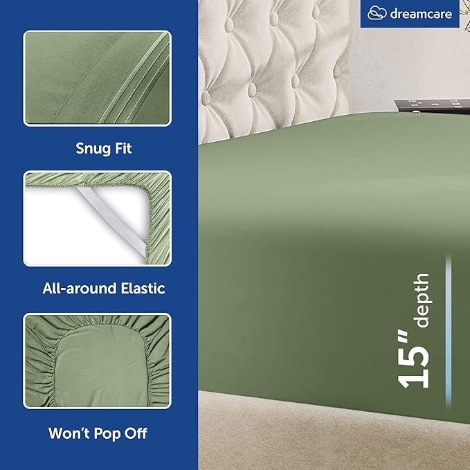 DREAMCARE Queen Size Sheets - Cooling Bed Sheets - 4pcs Set - up to 15" Deep Pocket Queen Sheet Set - Sheets Queen Size Bed - Soft & Long Lasting 100% Fine Microfiber with Side Pocket - Sage Green