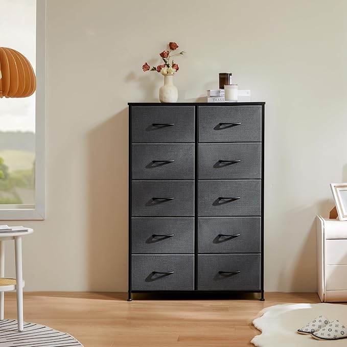 DUMOS Dresser for Bedroom, 10 Storage Drawers, Wide Fabric Closet Chests Organizer Tower Furniture with Wooden Top Metal Frame for Clothes, Guest Room, Living Room, Hallway, Entryway