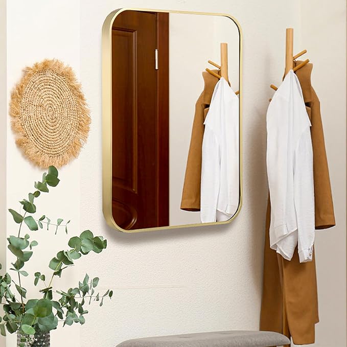 20"x30" Brushed Matte Gold Mirror for Wall, Gold Metal Framed Rounded Corner Rectangular Mirror for Bathroom Vanity,Entryway,Living Room,Bedroom,Vertical or Horizontal