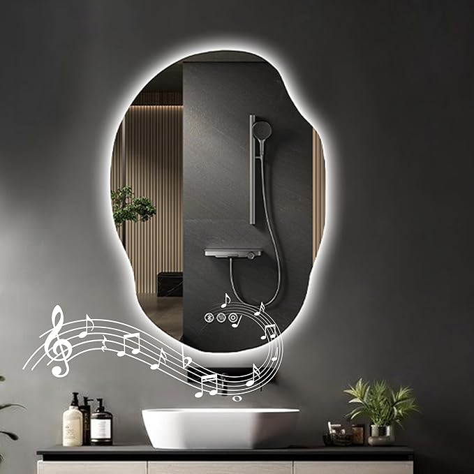 Irregular Led Bathroom Mirror with Bluetooth, 22 x 30 Inch Lighted Mirrors, Backlit Mirror with Anti-Fog, Memory Function, 3 Color Temperature, Dimmable Asymmetrical Led Mirror