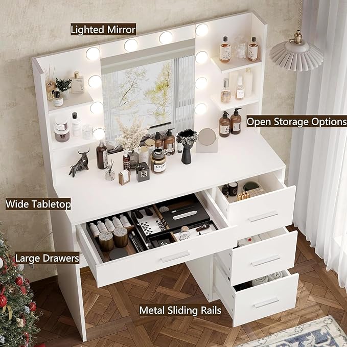 Irontar Vanity Desk, Makeup Vanity with 10 LED Lights & 4 Drawers, Brightness Adjustable, Dressing Table with 6 Open Storage, Makeup Table for Women, White WDT003W