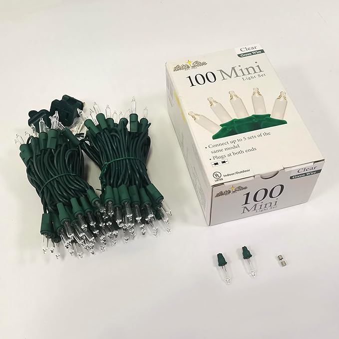 Brite Star 100 Count Mini String Christmas Lights, Clear - 22 feet Indoor/Outdoor Christmas Tree Lights with Green Wire