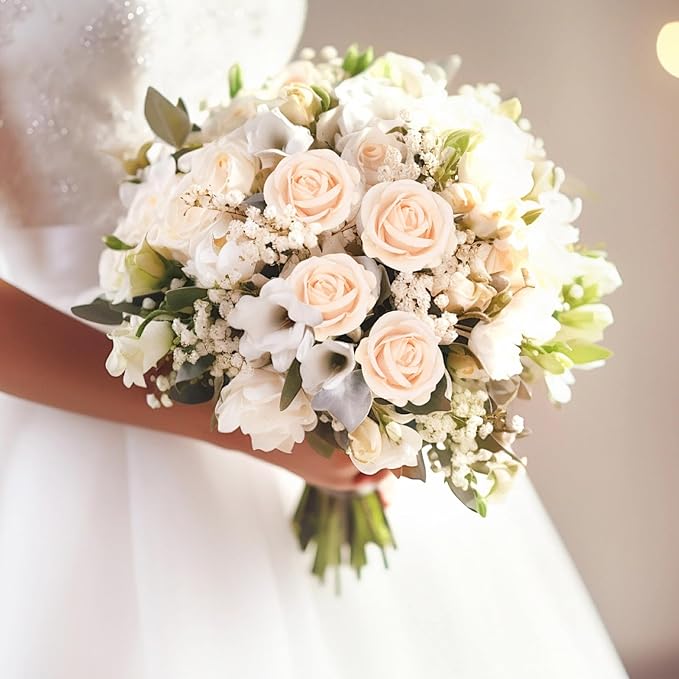 BLEUM CADE 50 Pcs Champagne Roses Artificial Flowers, Real Touch Velvet Roses Fake Flowers Bulk, Artificial Roses Bouquet with Long Stems Bridal DIY Wedding Party Centerpiece Decorations