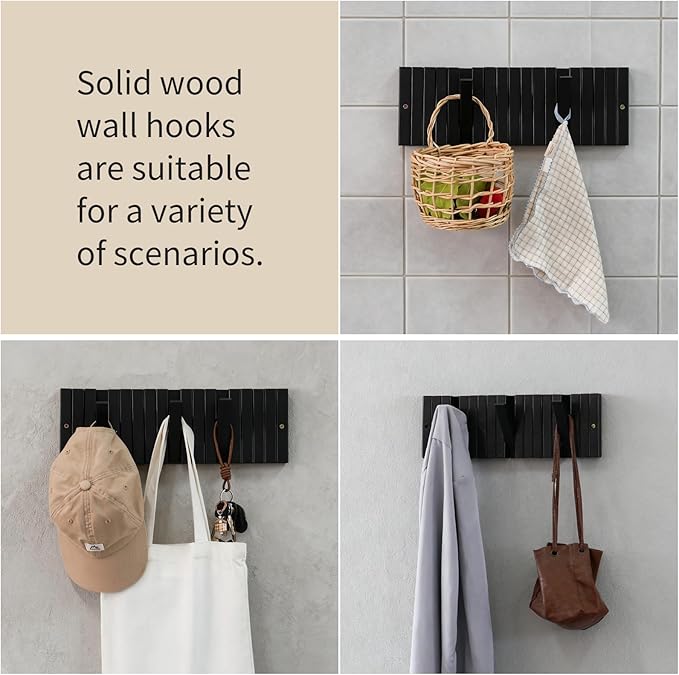 Coat & Hat Hooks Wall Mount with Key Holder, Wall Mounted Coat Rack with 9 Retractable Hangers, Solid Wood Slim Key Holder for Entryway Decor, 17in Natural Finish