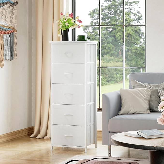 Somdot Tall Dresser for Bedroom with 5 Drawers, Storage Organizer Chest of Drawers with Removable Fabric Bins for Closet Bedside Living Room Laundry Entryway Hallway, White Leather