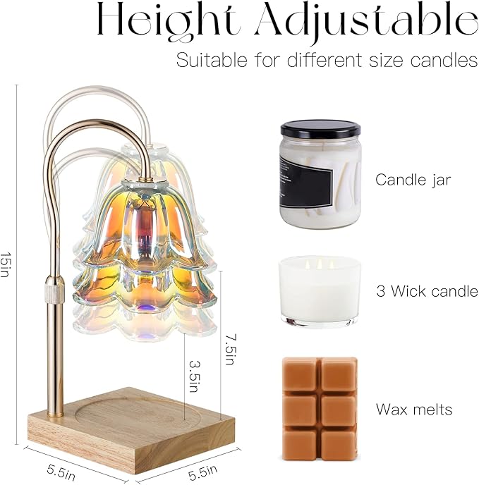 Candle Warmer Lamp with Timer: Iridescent Flower Candle Warming Lamp with 2 Bulbs Height Adjustable Wax Warmer Dimmable Home Decor Mom Birthday Gift for Women