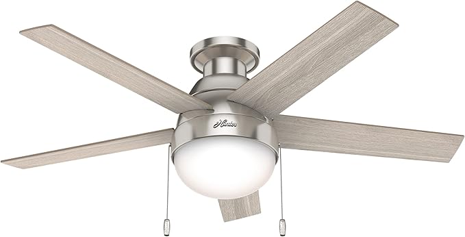 Hunter 46 inch Indoor Ceiling Fan with LED Light - Ceiling Fan with Pull Chain, For Bedroom, Living Room, or Kitchen, Low Profile Mount, No Remote, 5 Blades - Anslee 50278, Brushed Nickel