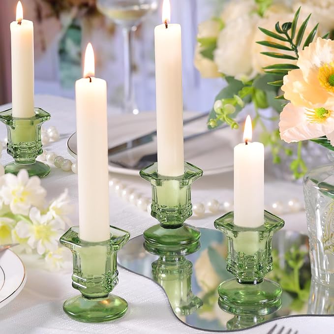 Green Candlestick Holders Bulk, 12 Pcs Glass Candle Holders Set,Crystal Taper Candle Holder for Wedding, Table Centerpiece, Home Decoration