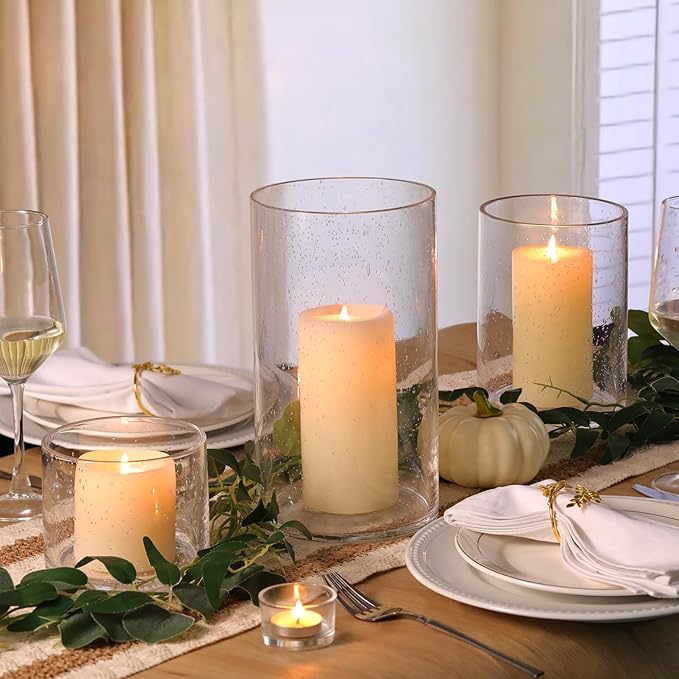 Large Hurricane Candle Holder Set of 3 Clear Candle Holders for Pillar Candles, Seeded Bubbles Glass Candle Holder for Table Centerpiece, Glass Cylinder Vases for Home, Patio and Wedding 10" 7" 4" H