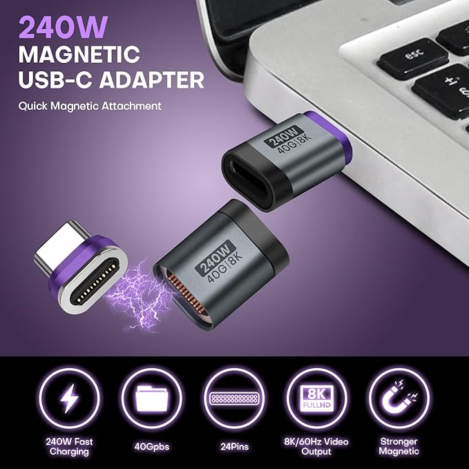 USB C Magnetic Adapter 2 Pack Straight Adapter USB 4.0 24 PIN 40Gbps PD 240W Phone OTG Detachable & Extender 8K 60Hz Video for iPhone17/16/15, Thunderbolt 3/4, MacBook, PS5 PSVR2(Black)