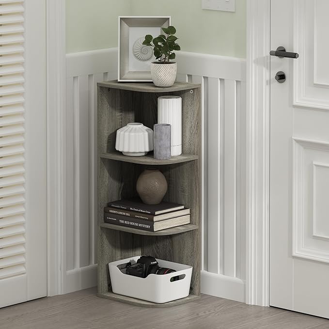 Furinno PASIR Book Shelf, 3-Tier Corner Bookshelf, Open Shelves Bookcase 9.3" x 12" x 31.5", for Living Room, Bedroom, Home Office, French Oak