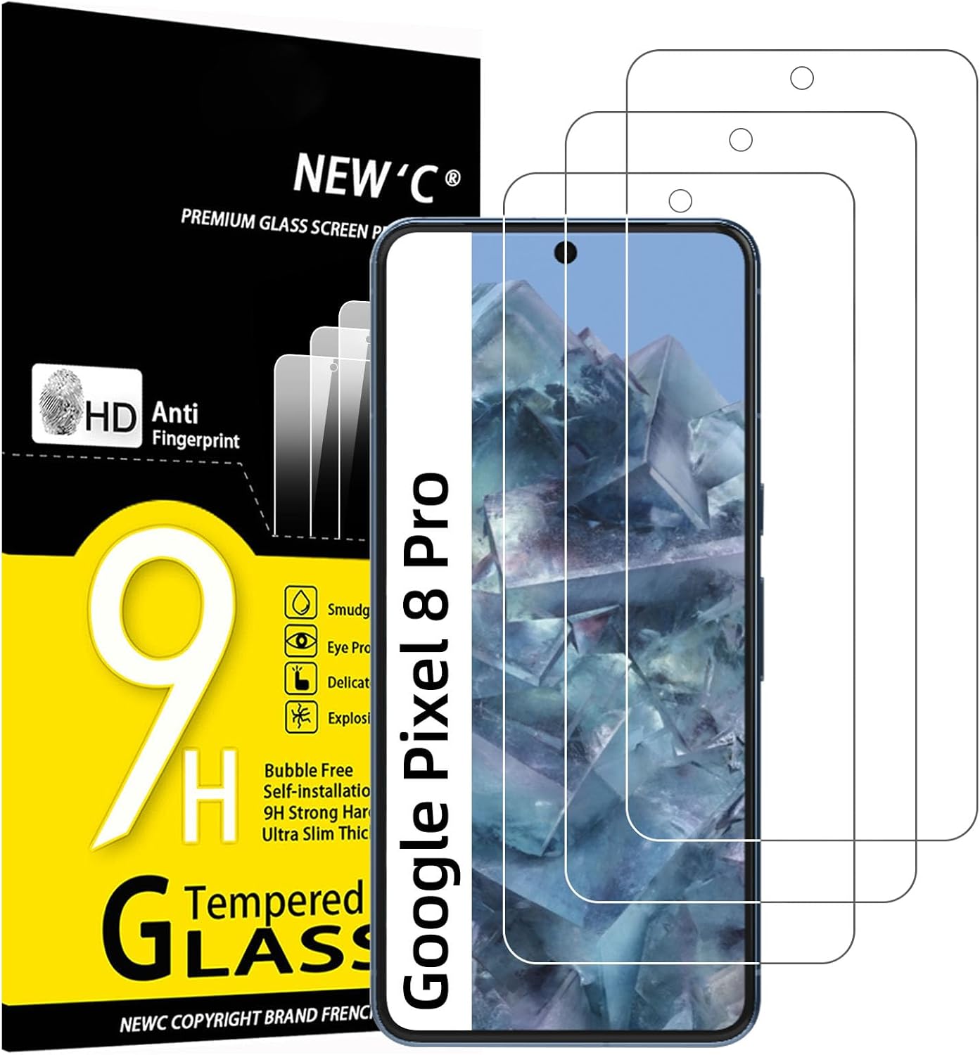NEW'C Google Pixel 8 Pro Screen Protector - 3 Pack, Tempered Glass, Case Friendly, Scratch-proof, Bubble Free, Ultra