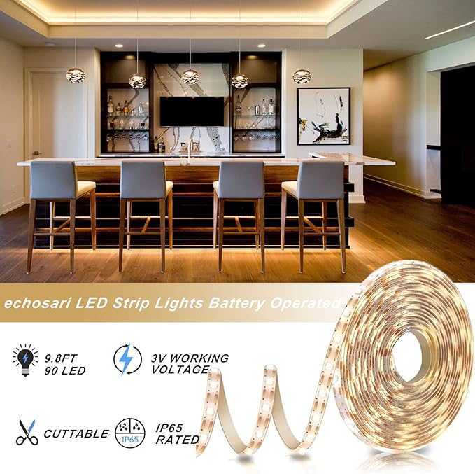 echosari Battery Powered Led Strip Lights with Remote Warm White, 8 Modes, Dimmable, Timer, Self-Adhesive, Cuttable, Waterproof, 9.8FT 90Led Strip Lights for TV Kitchen Cupboard Bedroom Decor