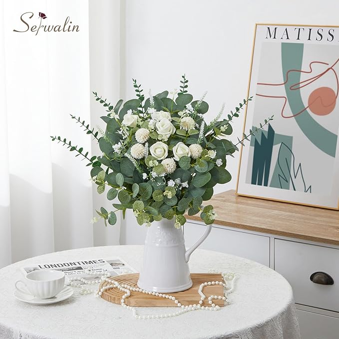 Serwalin 100 Pcs 7 Kinds Mixed Artificial Eucalyptus Leaves Stems Bulk with Flowers Faux Silver Dollar Eucalyptus Stmes Greenery Branches for Wedding Floral Arrangement Centerpieces Home Decor