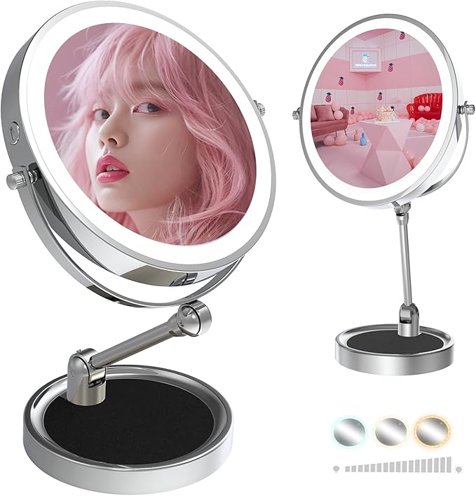 Large Lighted Makeup Mirror, Height Adjustable 8" Rechargeable Foldable Mirrors, 1X/10X Double Sided 3 Color Dimmable Magnifying Mirror, 360° Swivel Touch Screen Tabletop Standing Mirror, Chrome
