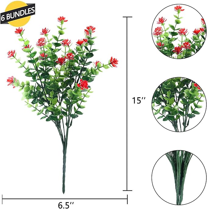 GREENRAIN Artificial Flowers Outdoor Fake Flowers for Decoration UV Resistant No Fade Faux Plastic Plants Garden Porch Window Box Décor (18 Bundles, 6#Red)